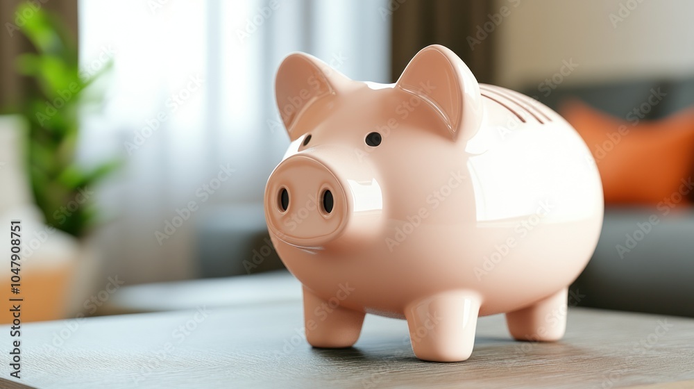 A pink piggy bank sits on a table in a living room, symbolizing savings and financial security.