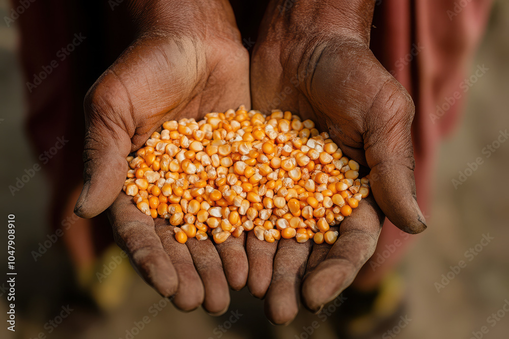 Hands holding orange and yellow corn kernels, symbolizing agriculture and harvest.