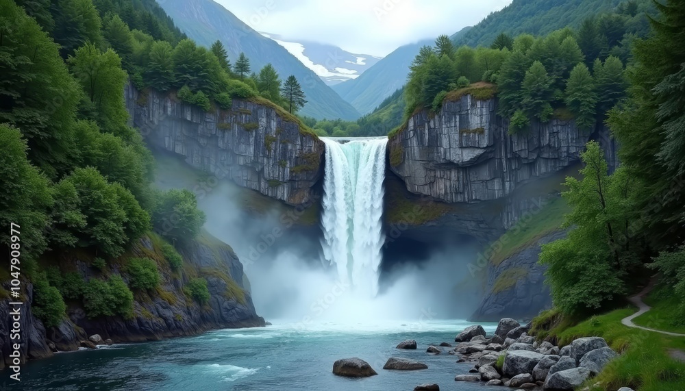 Natures grandeur A waterfall cascading through a lush mountain valley Natures grandeur A waterfall cascading through a lush mountain valley