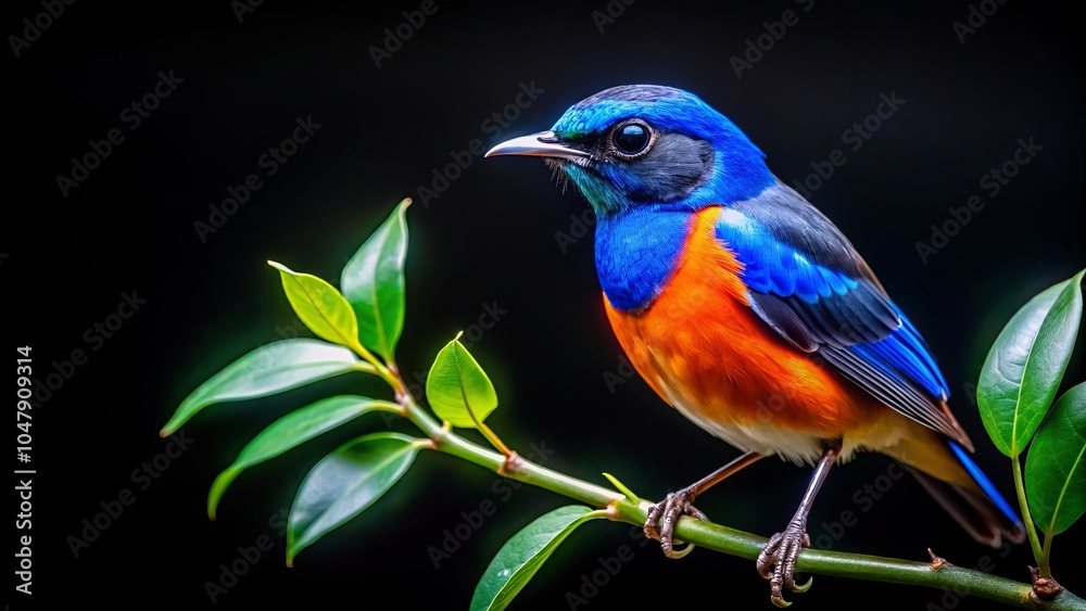 Fototapeta premium A vibrant blue and orange bird perched on a green branch against a black background, a captivating display of nature's color palette.