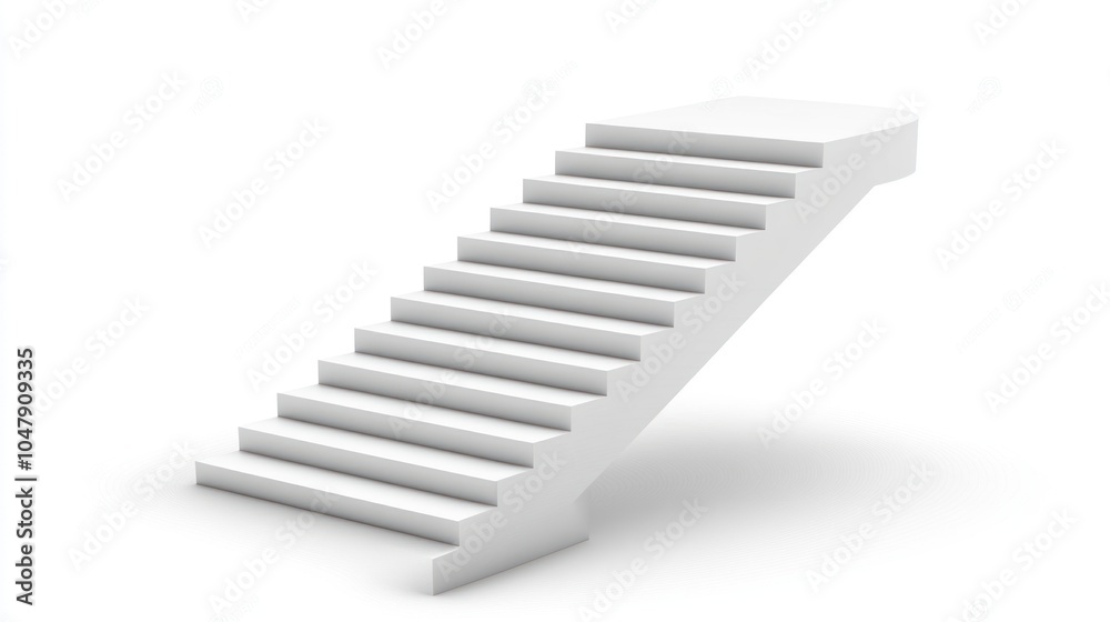 A simple, white staircase with ten steps leading upwards, isolated on a white background. A simple, white staircase with ten steps leading upwards, isolated on a white background.