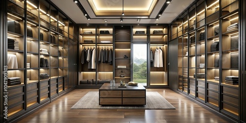 Symmetrical sophisticated walk in closet with sleek black shelving integrated lighting and large windows