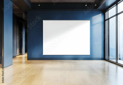 Empty Room with White Poster on Dark Blue Wall