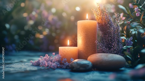 Natural healing altar with candles, sage, and energy stones, 3D illustration photo