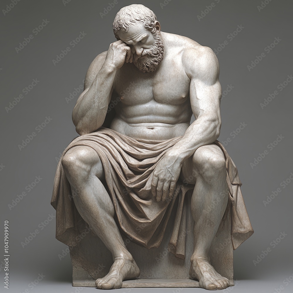 A contemplative, muscular statue of a seated man lost in thought. A contemplative, muscular statue of a seated man lost in thought.