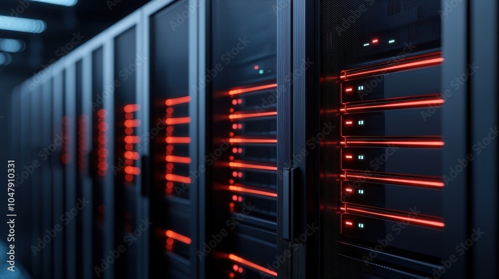 Server room with illuminated racks and red lights, creating a futuristic atmosphere. Server room with illuminated racks and red lights, creating a futuristic atmosphere.
