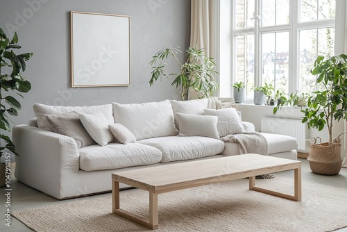 Wallpaper Mural Minimalist, contemporary Scandinavian interiors in living rooms with walls and sofas with art frames hanging. Generative AI
 Torontodigital.ca