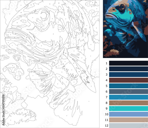 coloring pages by number for adults, Beginner Levels
with 12 colors Guide