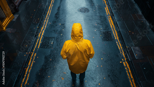 A person in a yellow raincoat stands on a wet street. The street is lined with yellow lines, and the person is looking down at the ground. Scene is somber and reflective