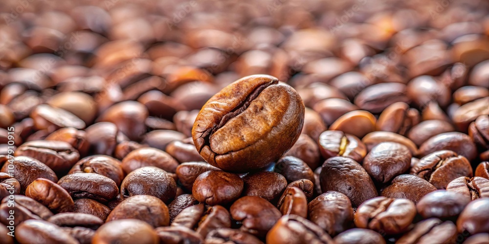 Fototapeta premium A single coffee bean stands out amidst a sea of roasted counterparts, each with a distinct texture and shade, revealing the captivating beauty of this ubiquitous beverage's origin.