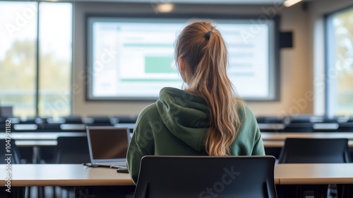 A student attending a lecture in a classroom setting, focused on the presentation.