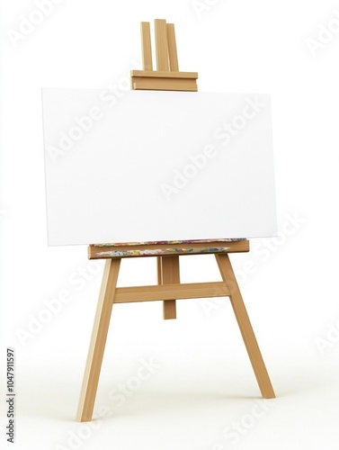 A wooden easel with a blank canvas.