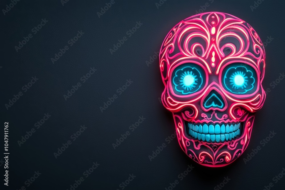 A vibrant, stylized skull with intricate patterns and glowing blue eyes, set against a dark background, embodying a cultural or festive theme. A vibrant, stylized skull with intricate patterns and glowing blue eyes, set against a dark background, embodying a cultural or festive theme.