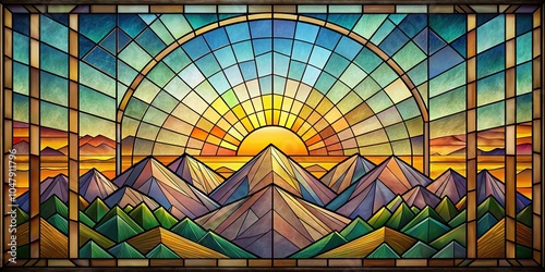Symmetrical stained glass style landscape with mountain sunrise