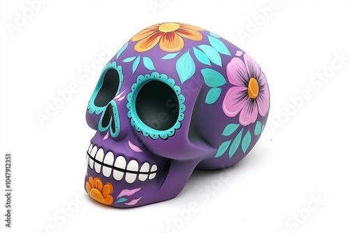 A vibrantly decorated sugar skull featuring floral designs, symbolizing the Day of the Dead celebration in Mexican culture.