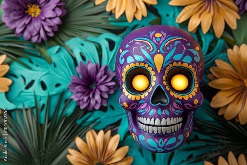 A colorful Day of the Dead skull surrounded by vibrant flowers and leaves, celebrating Mexican culture and traditions.