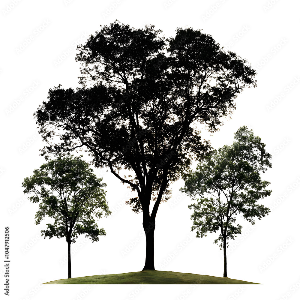 Fototapeta premium Silhouette of Trees on Hill with Lush Greenery on white and transparent background. PNG