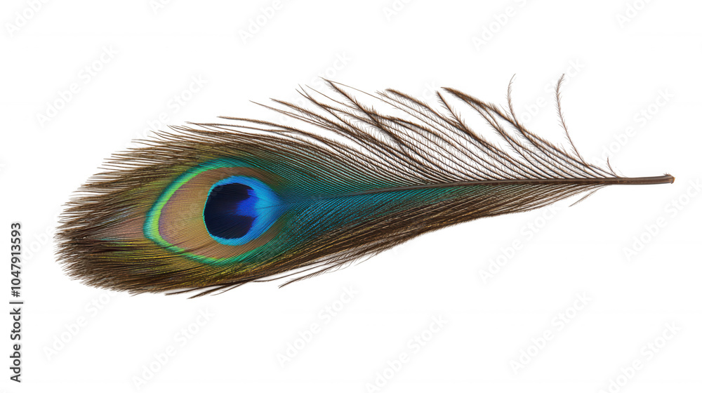 Fototapeta premium A vibrant peacock feather displays intricate patterns and colors, showcasing stunning shades of blue, green, and gold against a black background.