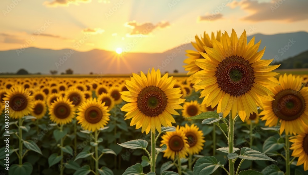 Fototapeta premium Sunflower field at sunset a symbol of happiness and positivity