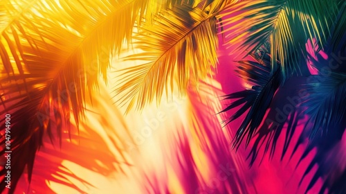 Tropical summer abstract with vibrant palm leaves and sunlit skies, creating a vacation mood, isolated on white