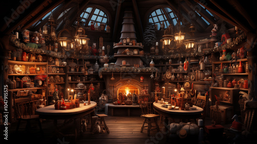 Santas workshop with busy elves working hard to prepare for Christmas, CGI ~ Created using Generative AI