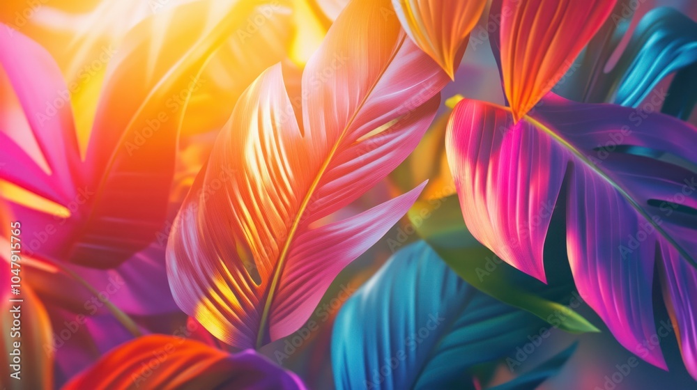 Vibrant abstract summer scene with swirling tropical leaves and glowing sunlight, isolated on white Vibrant abstract summer scene with swirling tropical leaves and glowing sunlight, isolated on white