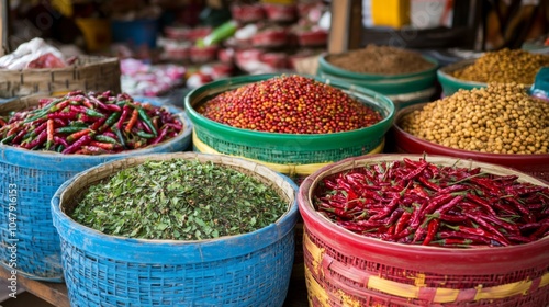 Fototapeta Naklejka Na Ścianę i Meble -  Fresh Spices and Ingredients at Market Stall