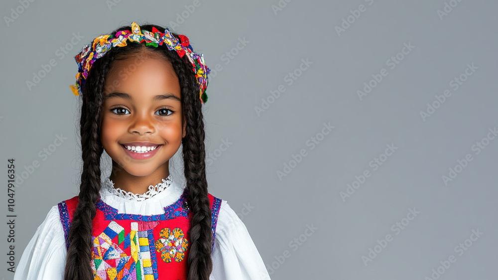 African little girl in traditional bunad folk costume isolated on gray African little girl in traditional bunad folk costume isolated on gray
