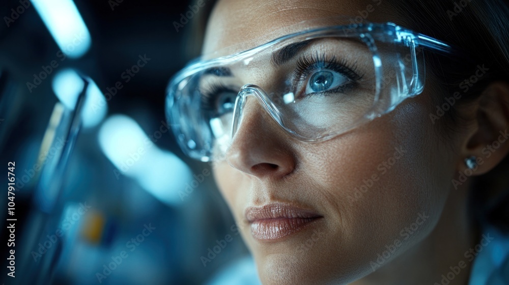 A dedicated scientist is intently observing samples while wearing protective eyewear in a well-lit laboratory environment during the late afternoon A dedicated scientist is intently observing samples while wearing protective eyewear in a well-lit laboratory environment during the late afternoon