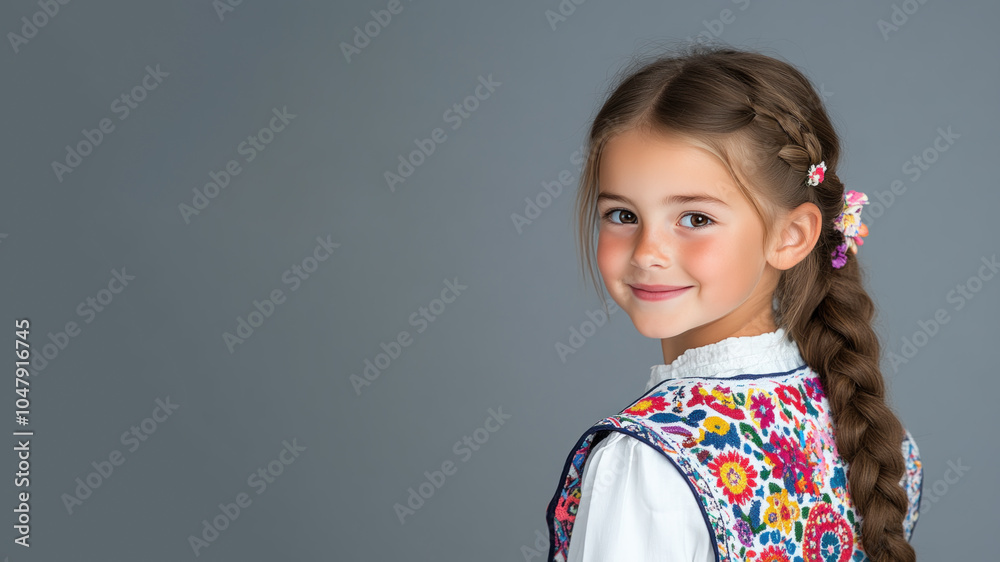 Germany little girl in traditional bunad folk costume isolated on gray Germany little girl in traditional bunad folk costume isolated on gray