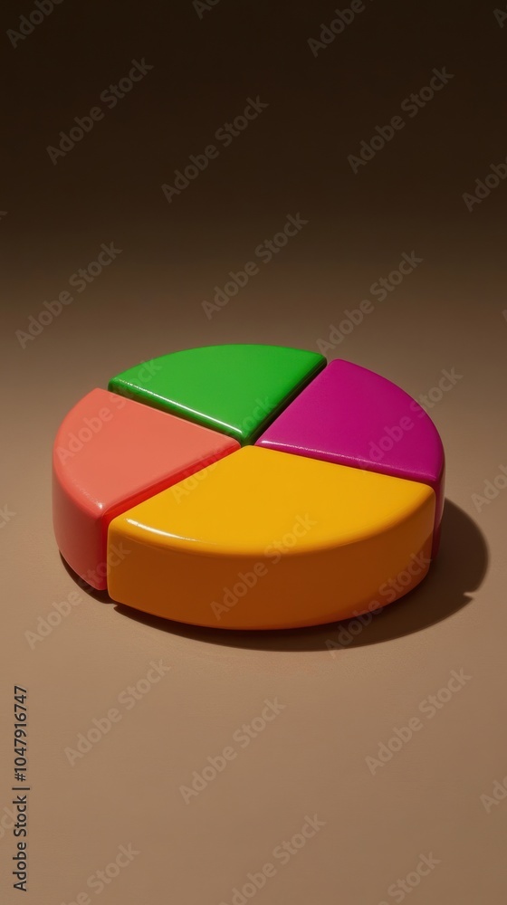 Fototapeta premium A 3D pie chart divided into four sections, colored orange, yellow, green, and magenta, resting on a brown surface with a soft shadow.