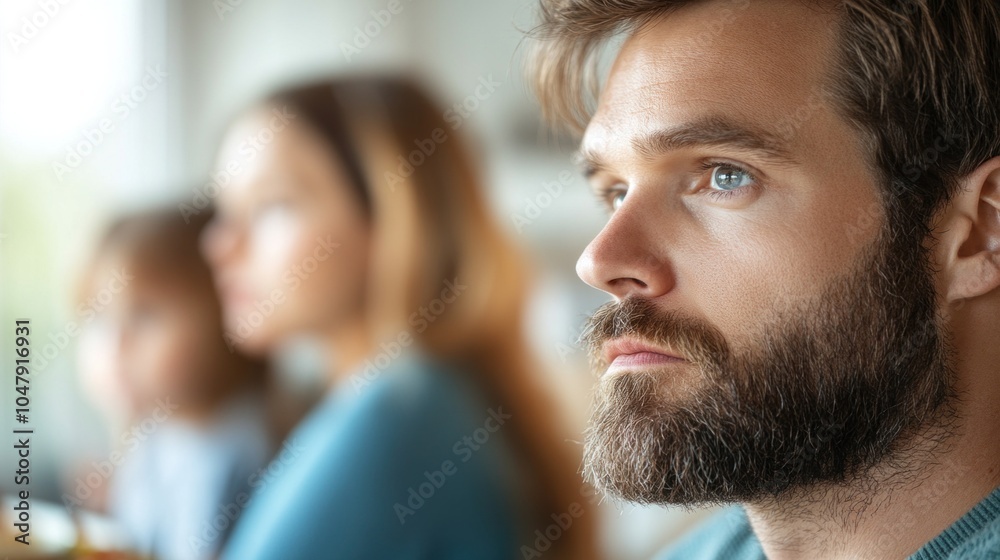 Fototapeta premium A man with a beard sits thoughtfully, engaged in a conversation during a family gathering. In the background, two women share a moment, creating a warm and intimate atmosphere