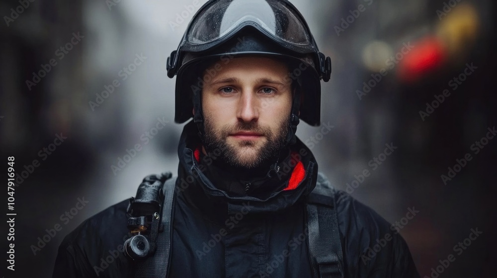 A devoted firefighter in full gear stares directly at the camera, amidst the misty backdrop of a bustling city street, ready to respond to emergencies A devoted firefighter in full gear stares directly at the camera, amidst the misty backdrop of a bustling city street, ready to respond to emergencies