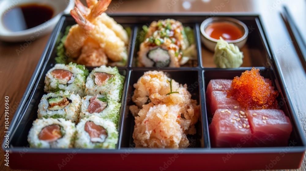 Neatly Packed Bento Box with Sushi and Tempura Neatly Packed Bento Box with Sushi and Tempura