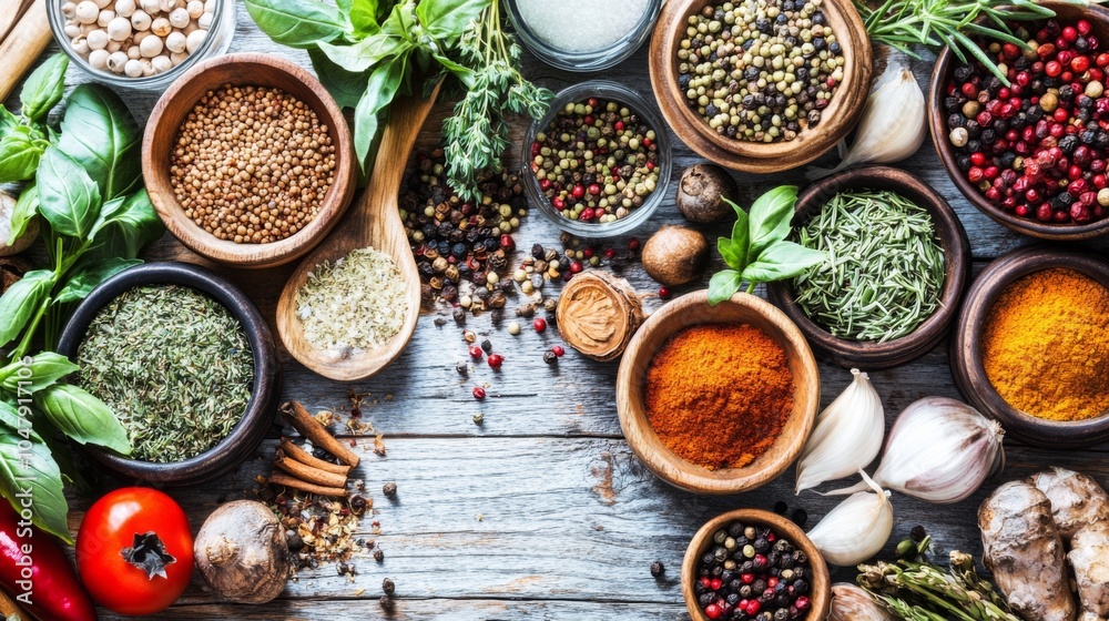 Herbs and Spices Arranged on Wooden Table Herbs and Spices Arranged on Wooden Table