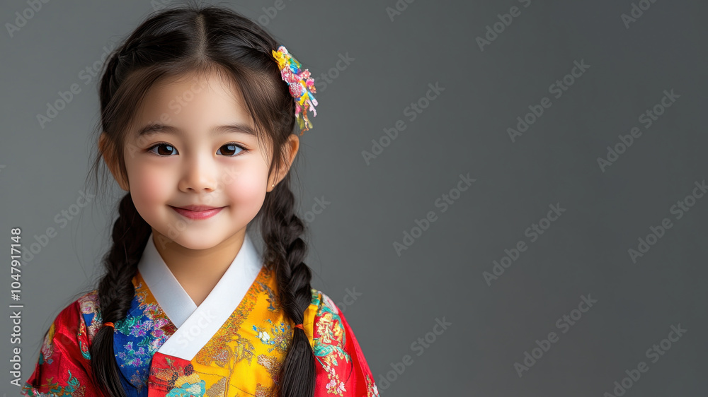 Korean little girl in traditional bunad folk costume isolated on gray Korean little girl in traditional bunad folk costume isolated on gray