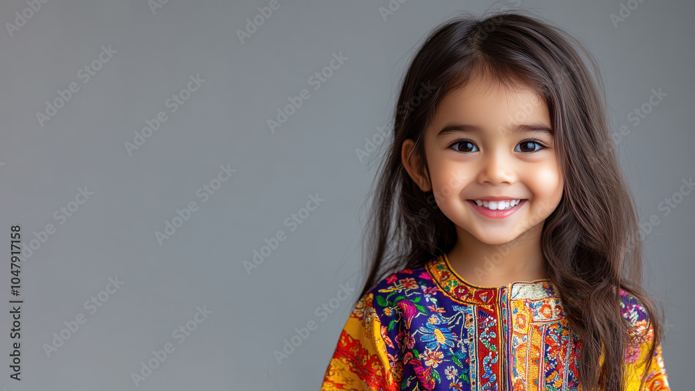 Malay little girl in traditional bunad folk costume isolated on gray Malay little girl in traditional bunad folk costume isolated on gray