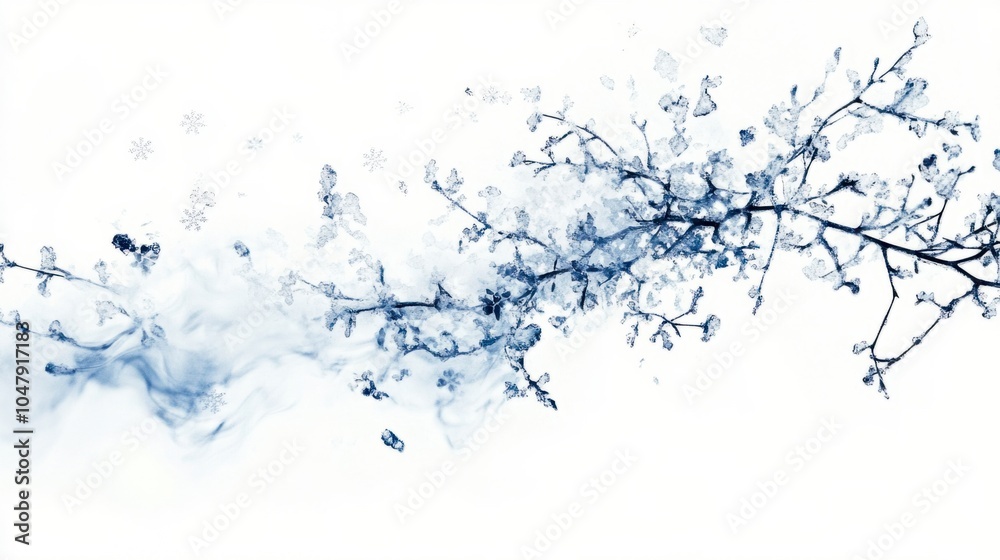 Naklejka premium Abstract cold season design with delicate frost patterns and floating snowflakes, isolated on white