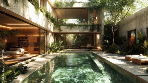 Wallpaper Mural Modern home with a serene pool surrounded by lush greenery. Torontodigital.ca