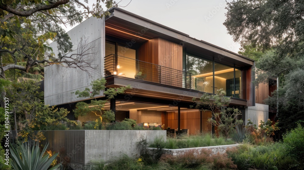 Fototapeta premium Modern Concrete and Wood House with Lush Landscaping