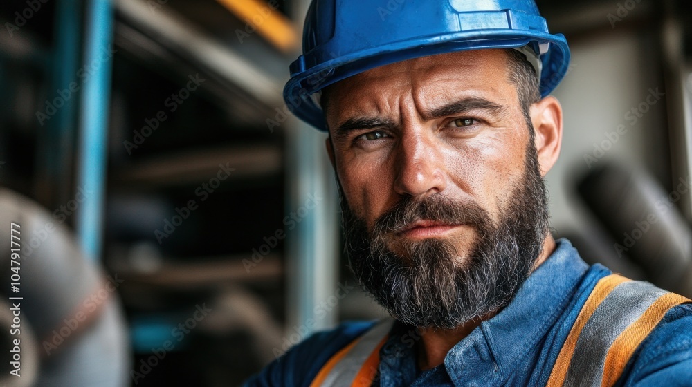A construction worker stands with a serious expression, wearing a blue hard hat and safety gear, as he monitors activities in a bustling industrial environment A construction worker stands with a serious expression, wearing a blue hard hat and safety gear, as he monitors activities in a bustling industrial environment