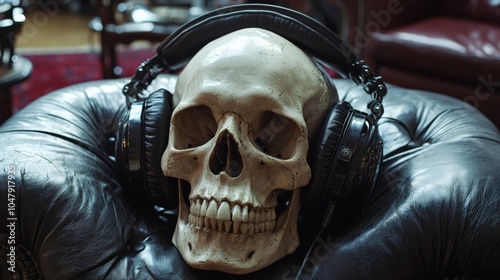 Close-up of a skull with headphones, listening to music, relaxed expression