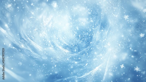 Abstract cold weather background with swirling blue light and shimmering snowflakes, isolated on white