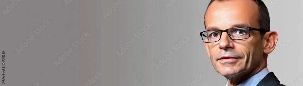 Portrait of a serious-looking man in a suit, wearing glasses and looking at the camera. Portrait of a serious-looking man in a suit, wearing glasses and looking at the camera.