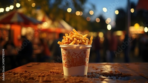 A paper cup filled with golden fries sits on a wooden table with a blurred background of a bustling night market with twinkling lights.