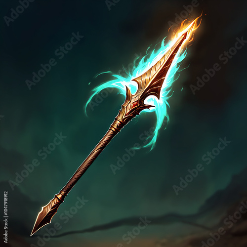 A golden spear with a sharp point, adorned with intricate details, glows with cyan flames at its tip. The spear is set against a dark teal background with hints of orange at the bottom. photo