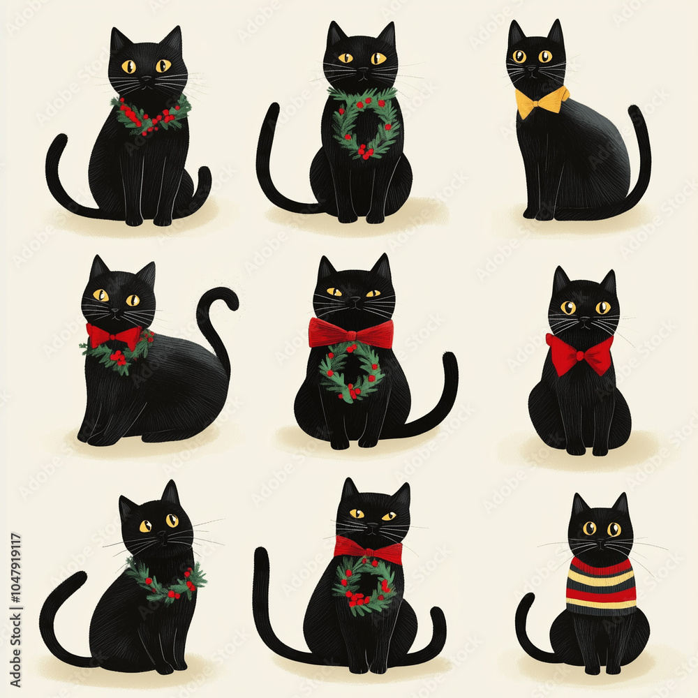 set of black cats in Christmas set of black cats in Christmas