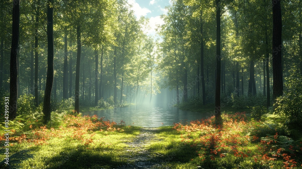 Obraz premium Serene forest path with sunlight filtering through trees.