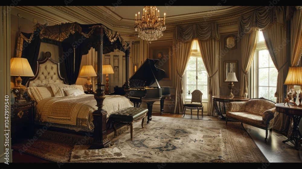 Luxurious Bedroom with Four-Poster Bed, Piano, and Ornate Decor Luxurious Bedroom with Four-Poster Bed, Piano, and Ornate Decor