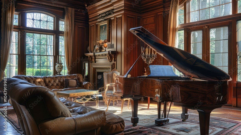 Fototapeta premium A Grand Piano in a Luxurious Living Room with Large Windows